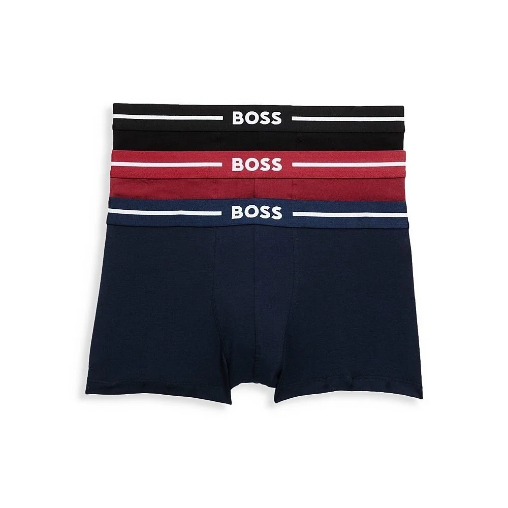 Boss Bold Logo Band Trunks Men's M Black/Navy/Burgundy Elastic Waist - Pack Of 3